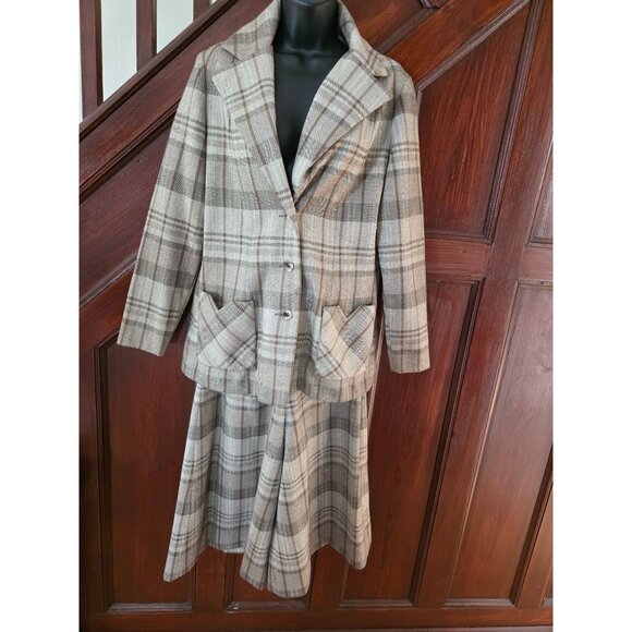 Glen Echo Sportswear Plaid Wool Womens Blazer & Wide-Leg Pants Set Size 8 - Picture 1 of 15
